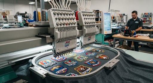 Embroidery machine stitching a custom patch